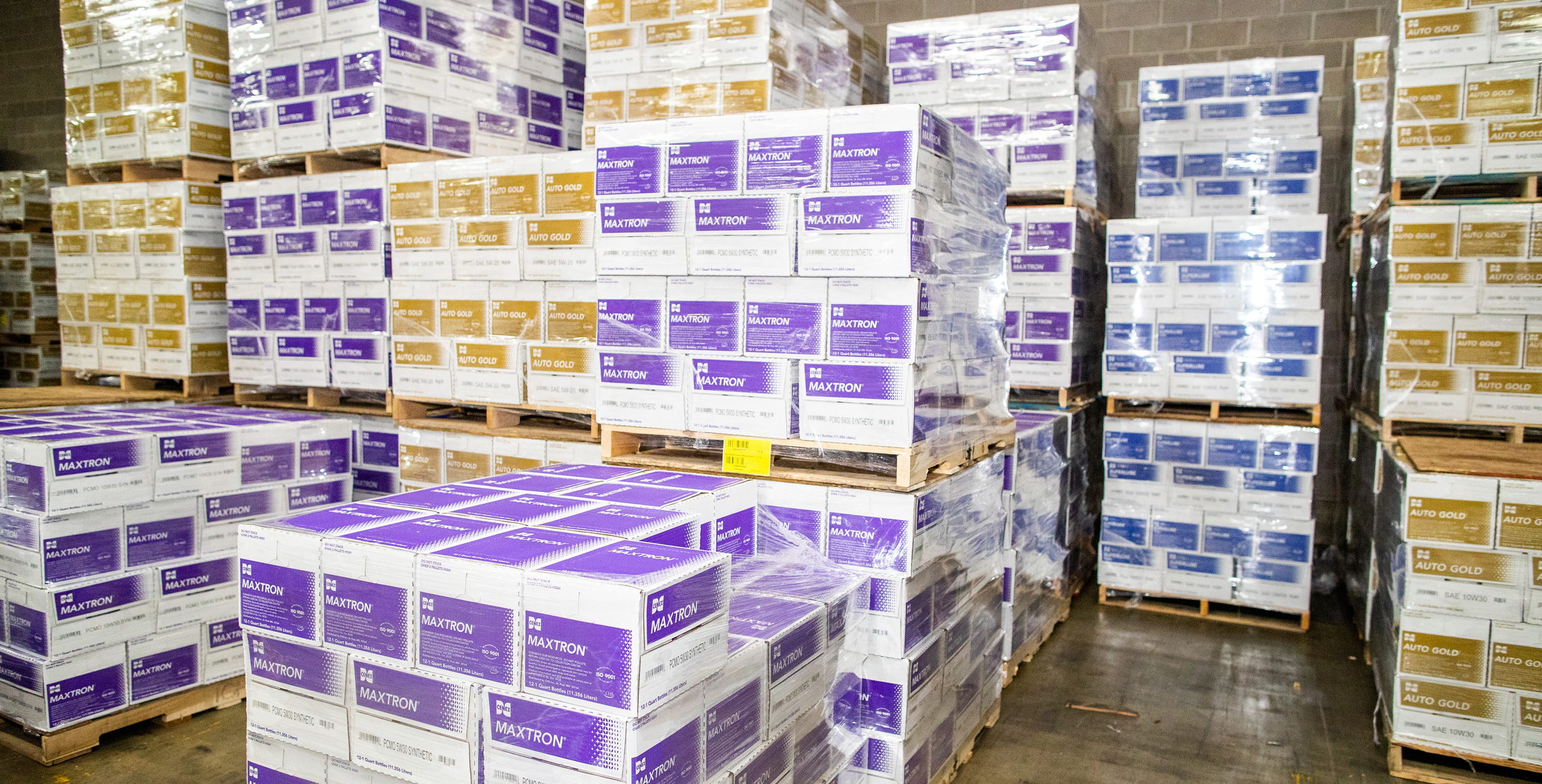 Pallets of lubricants in a warehouse